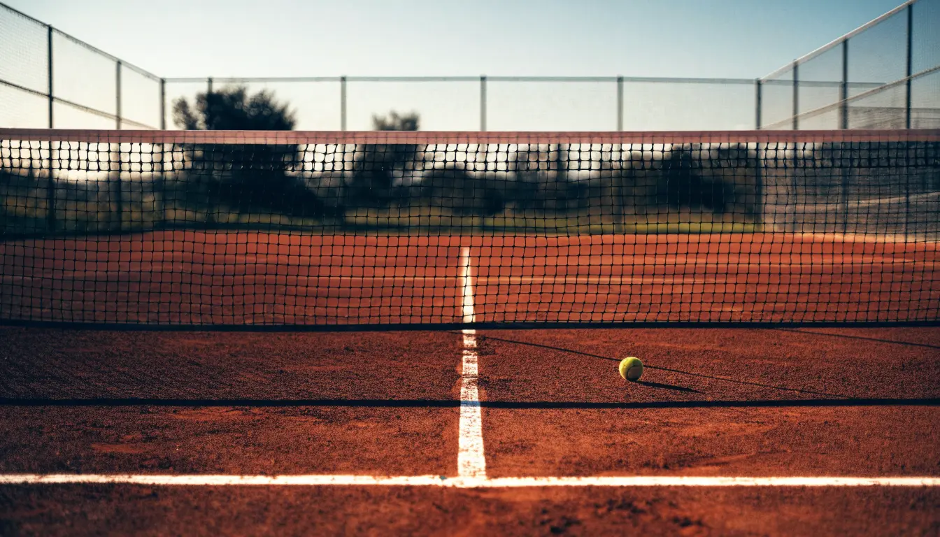 Ein Tennisplatz bei Sonnenaufgang, Netz und Grundlinien im weichen Licht, niemand ist zu sehen.