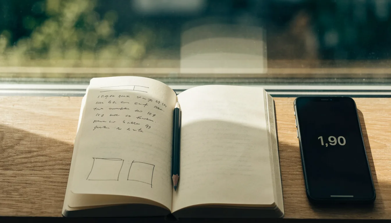 Ein aufgeschlagenes Notizbuch mit handschriftlichen Skizzen und ein Bleistift liegen auf einer Fensterbank im Tageslicht.