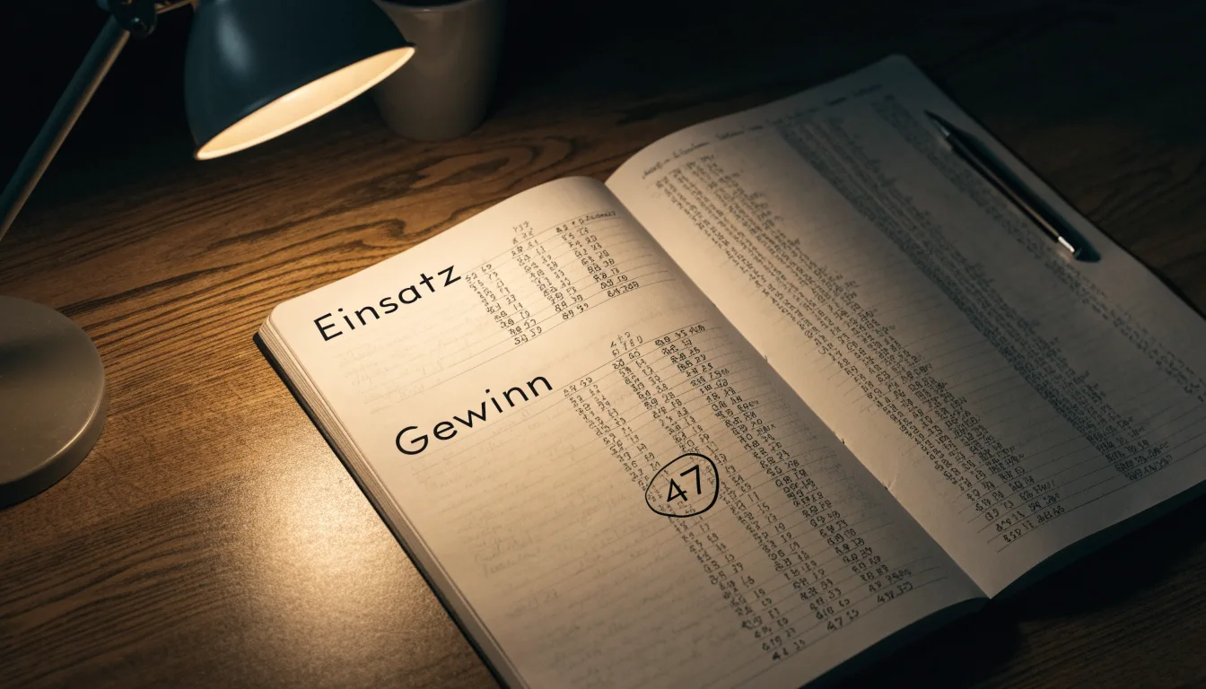 Ein Taschenrechner und ein Notizbuch mit handschriftlichen Zahlenreihen liegen auf einem Schreibtisch unter einer Lampe.