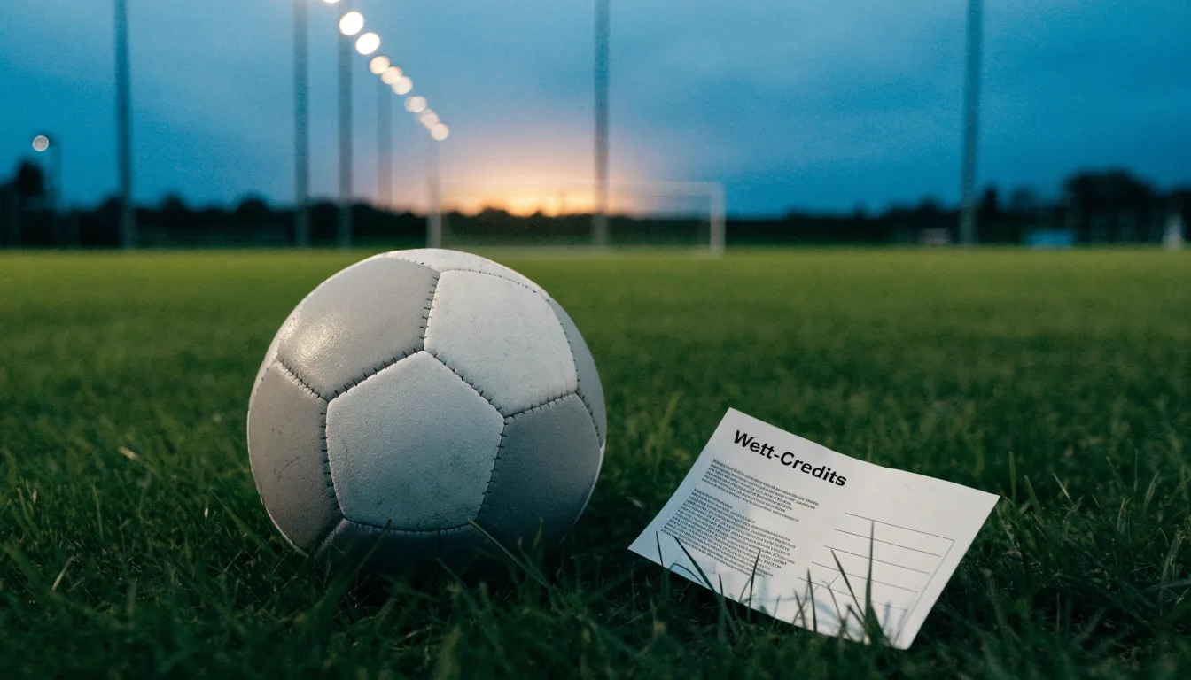 Ein Fußball liegt im Gras eines leeren Platzes, im Hintergrund stehen Flutlichtmasten in der Dämmerung.