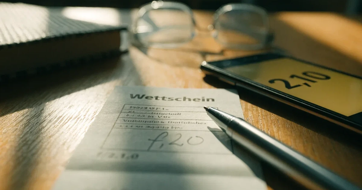 Ein leerer Papier-Wettschein und ein Kugelschreiber liegen auf einem Holztisch, daneben ein kleiner Stapel Münzen im Morgenlicht.