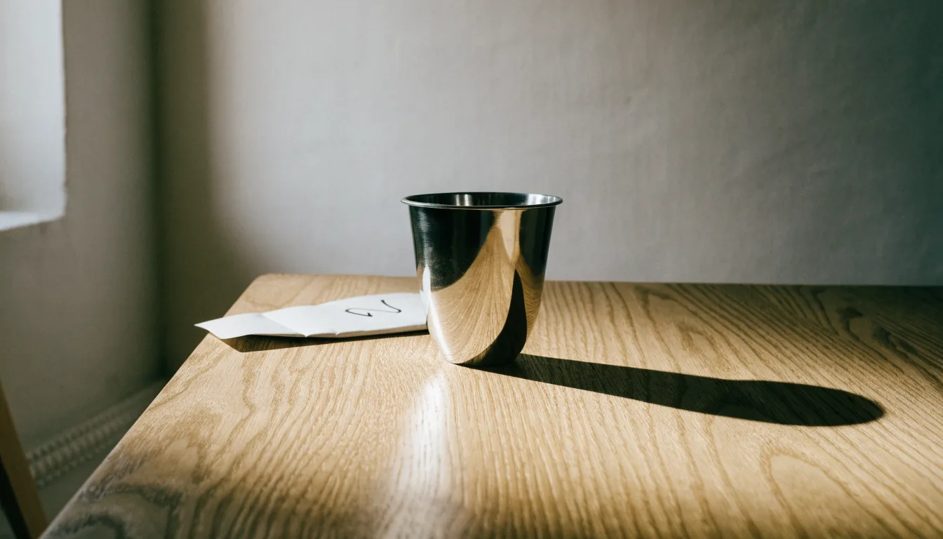 Ein Pokal ohne Gravur steht allein auf einem Holztisch vor einer hellen Wand, davon fällt ein weicher Schatten.