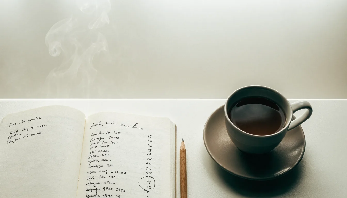 Ein aufgeschlagenes Notizbuch mit handschriftlichen Skizzen und ein Bleistift liegen auf einem Schreibtisch neben einer Tasse Tee.