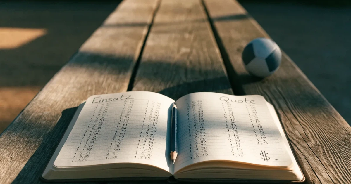Ein Notizbuch mit handschriftlichen Zahlenkolonnen und ein Bleistift liegen neben einem Fußball auf einer Holzbank.
