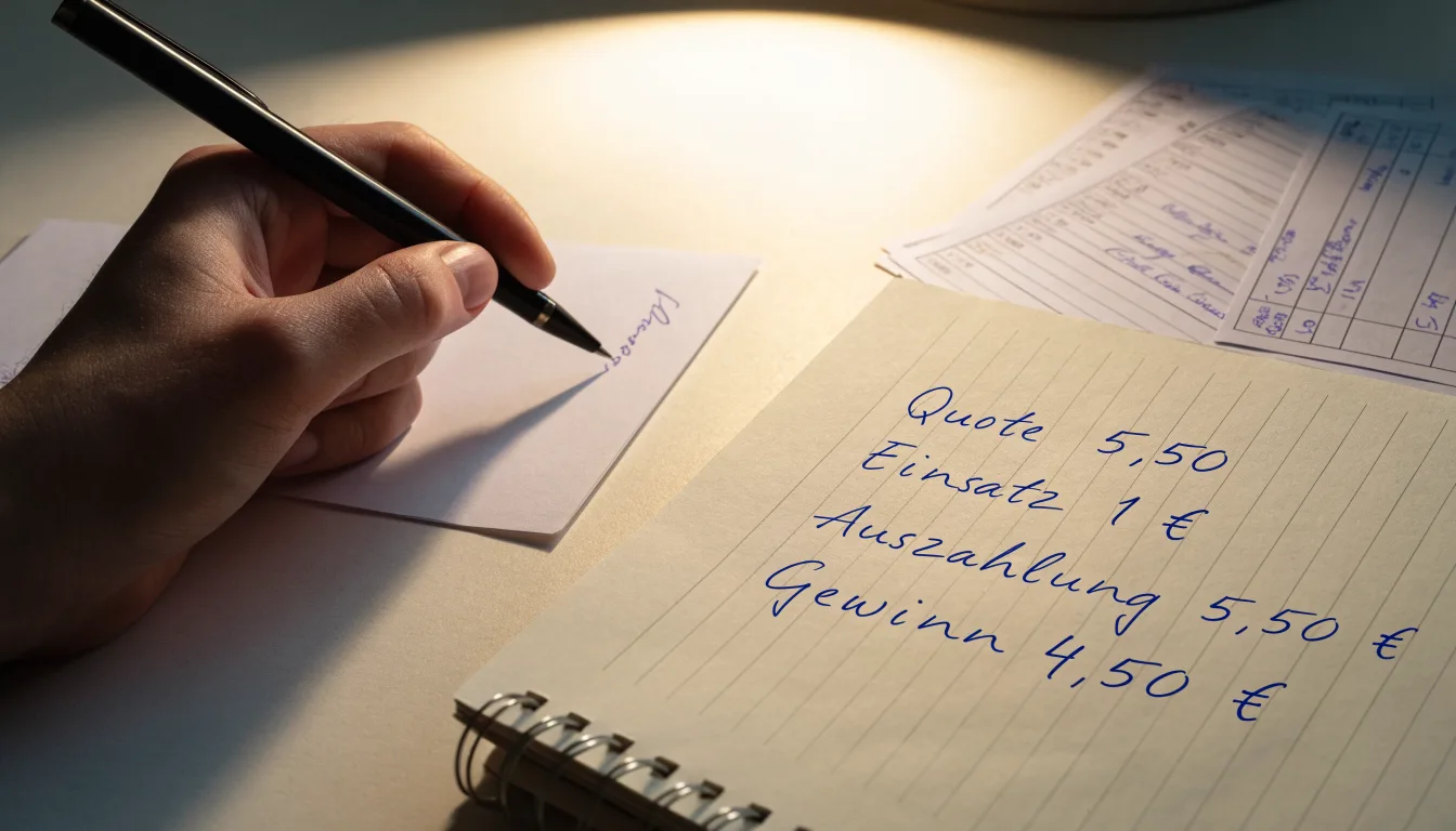 Ein Taschenrechner und ein aufgeschlagenes Notizbuch mit handschriftlichen Zahlenreihen liegen unter einer Schreibtischlampe.