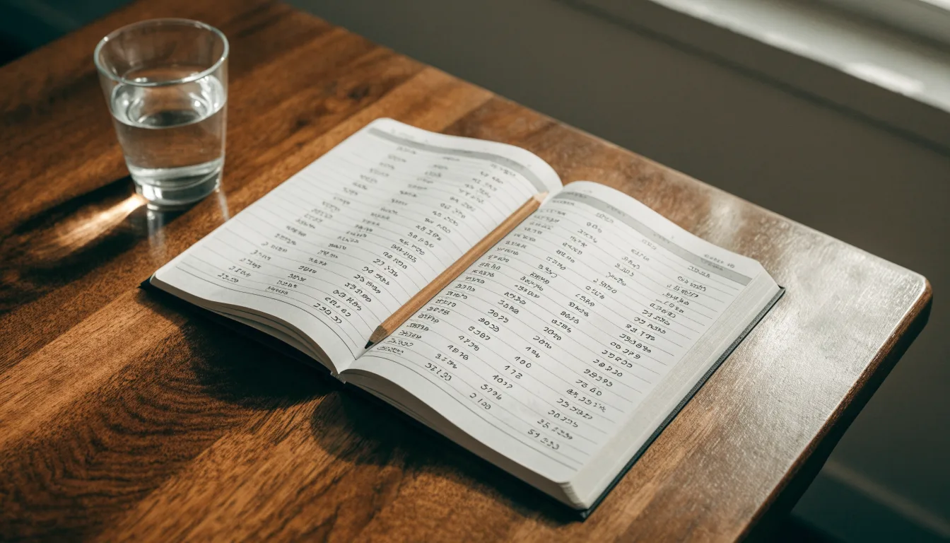 Ein Taschenrechner und ein aufgeschlagenes Notizbuch mit handschriftlichen Zahlenreihen liegen unter einer Schreibtischlampe.