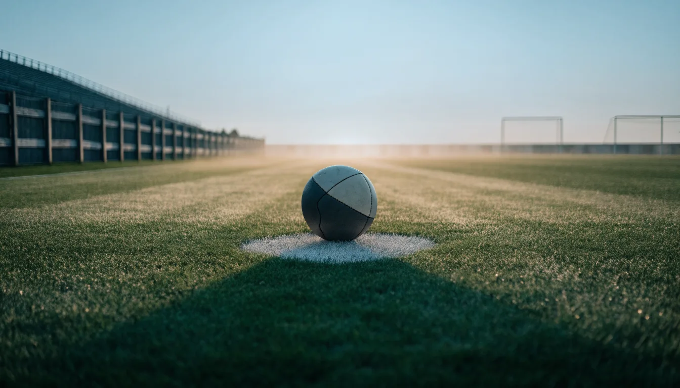 Ein Fußball liegt allein auf dem Anstoßpunkt eines leeren Rasenplatzes im Morgenlicht, am Rand ein niedriger Zaun.