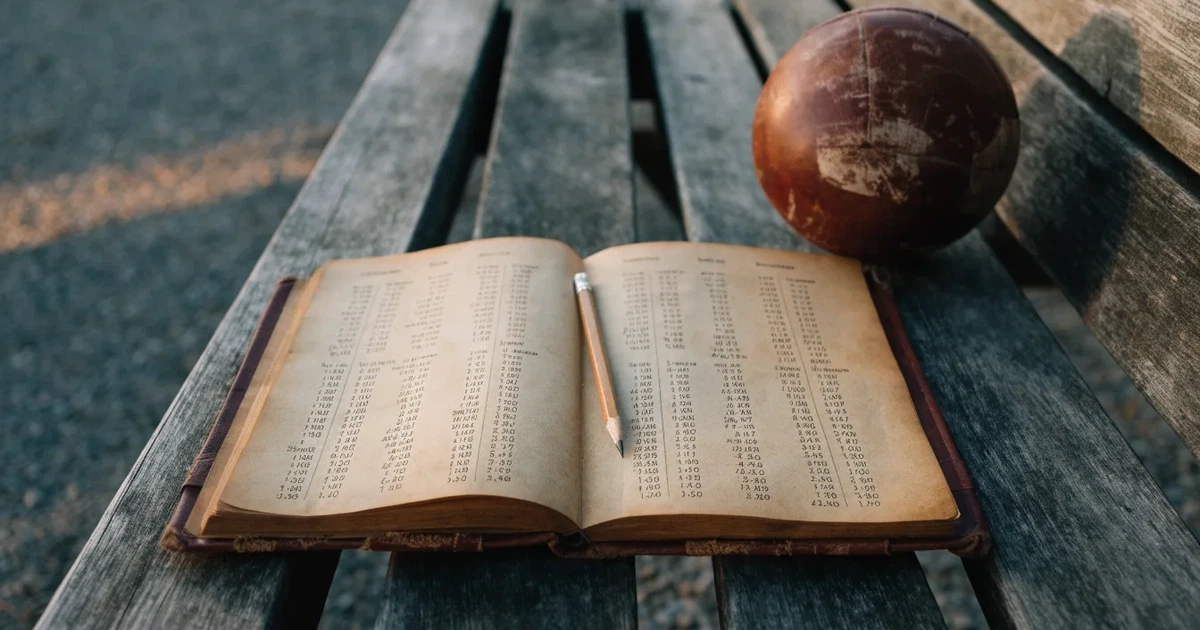 Ein Notizbuch mit handschriftlichen Zahlenkolonnen und ein Bleistift liegen neben einem Fußball auf einer Holzbank.