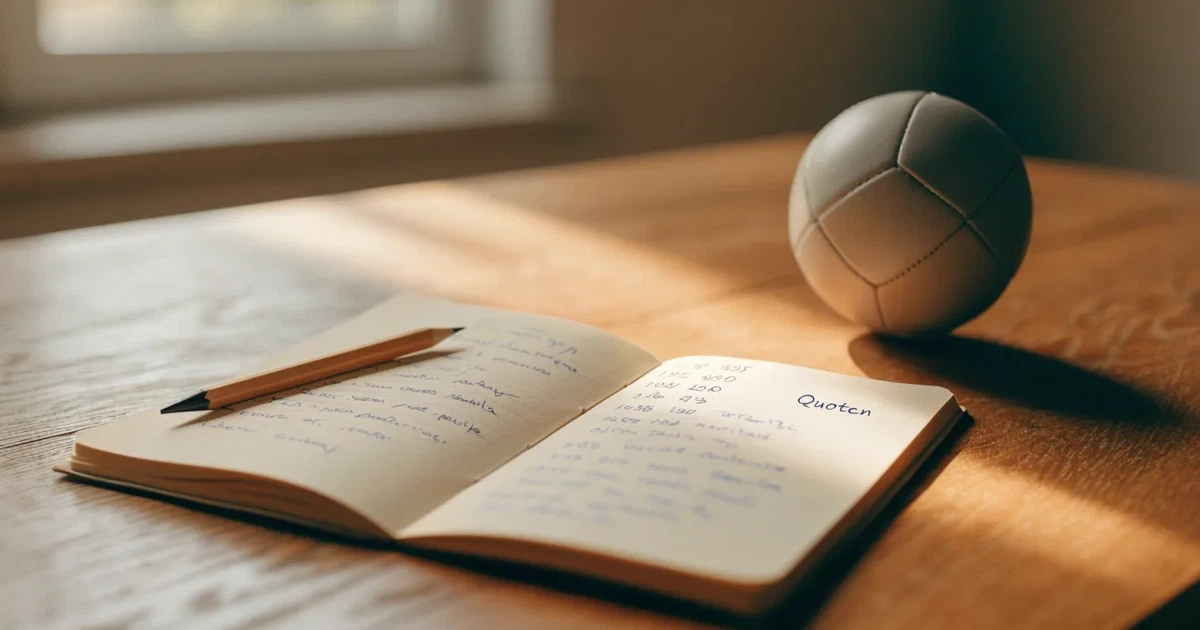 Ein Notizbuch mit handschriftlichen Notizen und einem Bleistift liegt auf einem Holztisch, daneben ein kleiner Fußball im weichen Tageslicht.