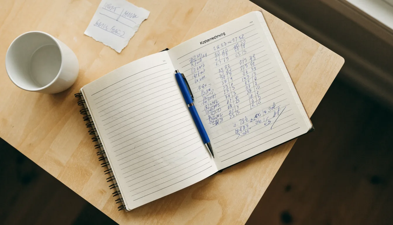 Ein Notizbuch mit handschriftlichen Rechnungen und ein Taschenrechner liegen auf einem hellen Schreibtisch neben einer Kaffeetasse.