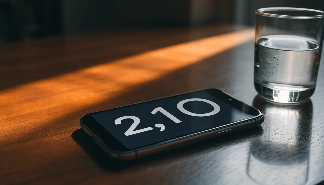 Ein Smartphone liegt mit dem Display nach unten auf einem Holztisch neben einem Glas Wasser, Abendlicht fällt durch ein Fenster.