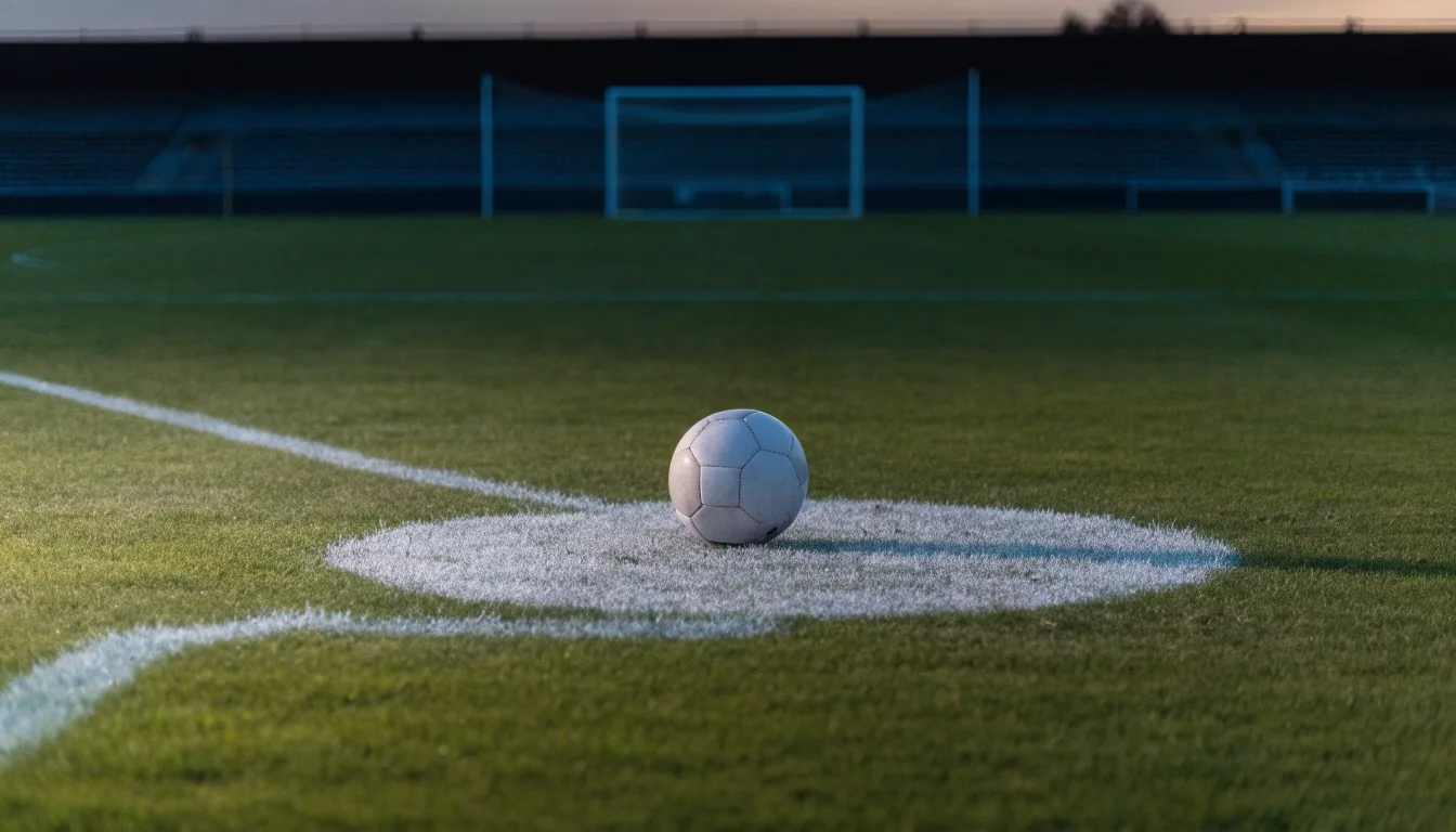 Ein Fußball liegt auf dem Anstoßpunkt eines leeren Rasenplatzes, dahinter ragen dunkle Ränge in den Abendhimmel.