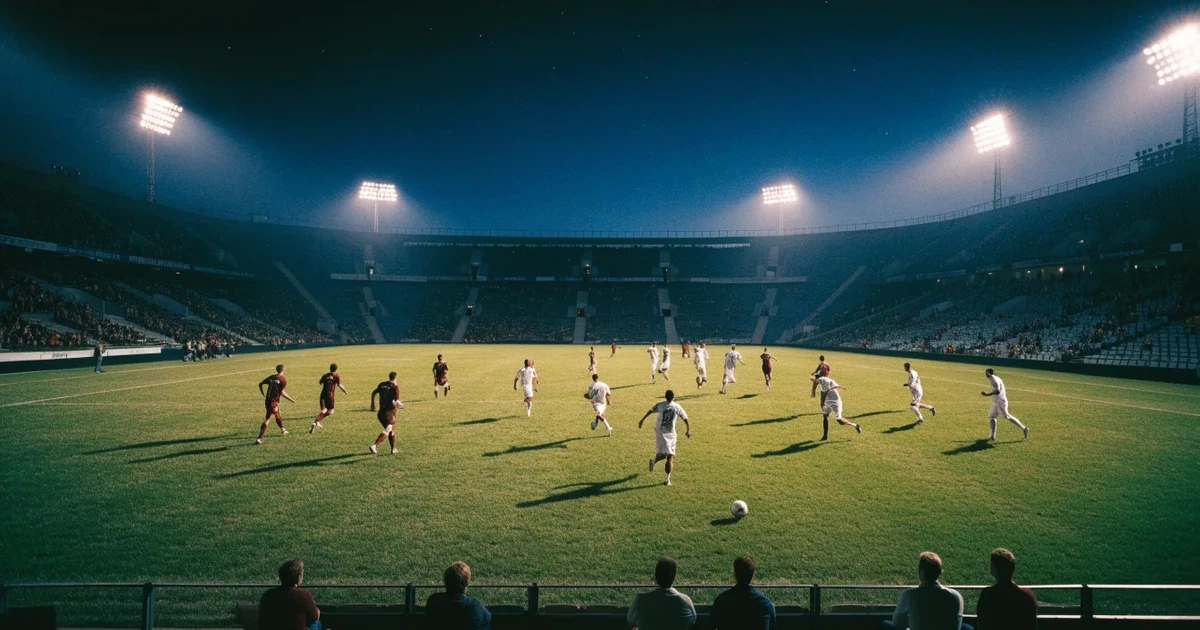 Ein Fußballstadion am Abend unter Flutlicht aus der Ferne gesehen, die Tribünen sind leicht beleuchtet und der Himmel dunkelblau.
