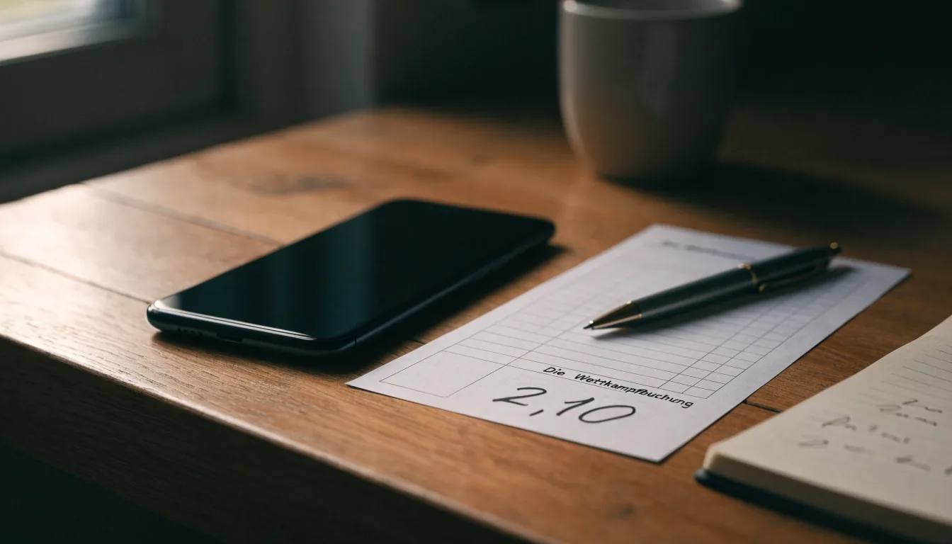 Ein Smartphone mit dunklem Display liegt neben einem leeren Papier-Wettschein und einem Stift auf einem Holztisch.