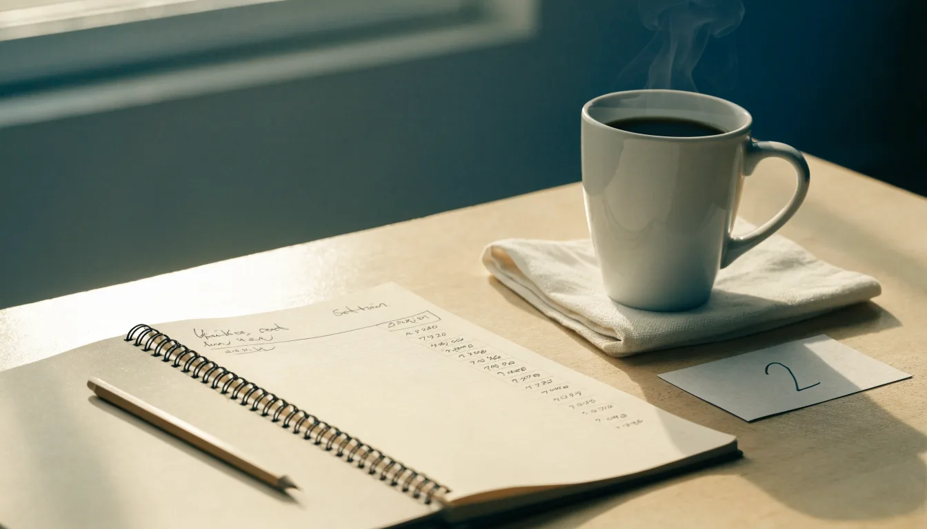 Ein Notizbuch mit handschriftlichen Notizen und einem Bleistift liegt auf einem Tisch, daneben steht eine Kaffeetasse im Morgenlicht.