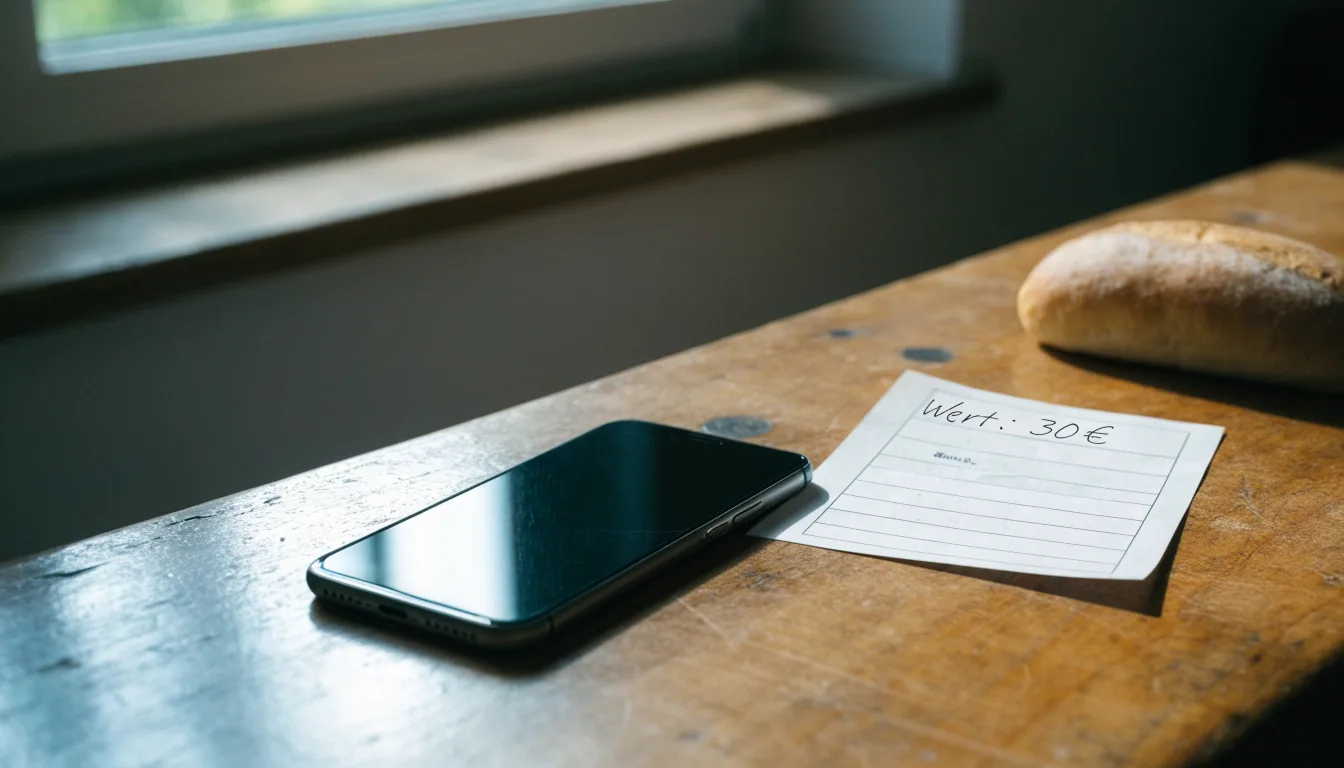 Ein Smartphone liegt mit dunklem Display auf einem Holztisch neben einem leeren Papier-Wettschein, Licht fällt von einem Fenster.