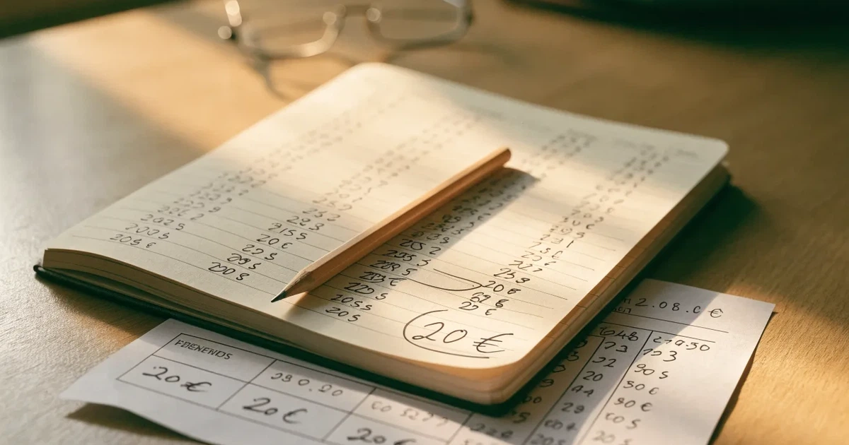 Ein Notizbuch mit handschriftlichen Notizen und einem Bleistift liegt neben einem Taschenrechner auf einem aufgeräumten Schreibtisch.