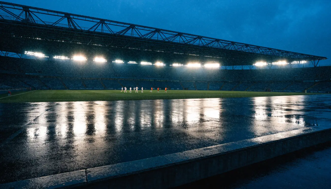 Ein Stadion unter Flutlicht von weitem betrachtet, davor ein stiller Platz bei Dunkelheit und feuchtem Asphalt.