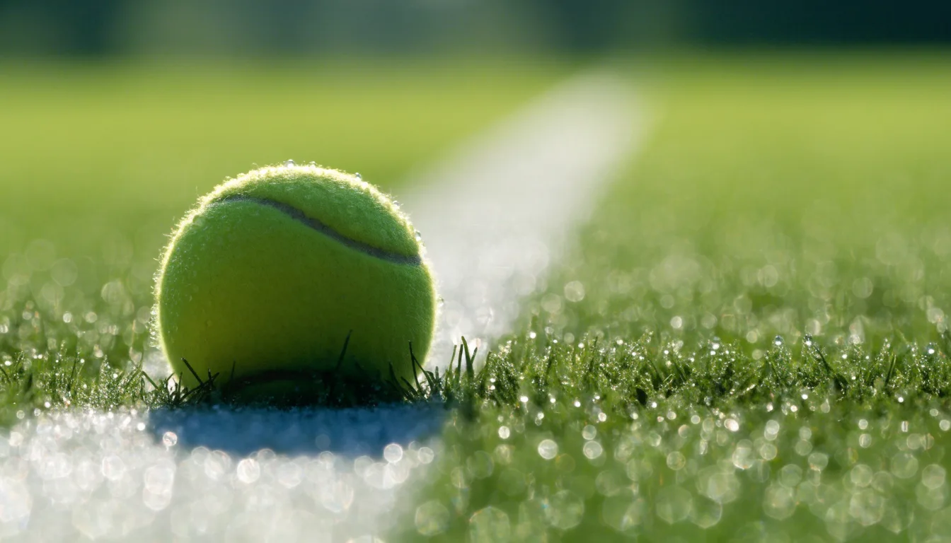 Ein Tennisball liegt auf frisch gemähtem Gras neben einer weißen Linie, Tautropfen glänzen im Gegenlicht.