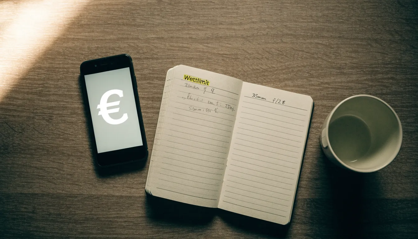 Ein Smartphone liegt auf einem Tisch neben einem Notizbuch mit handschriftlichen Notizen und einer Tasse Kaffee.