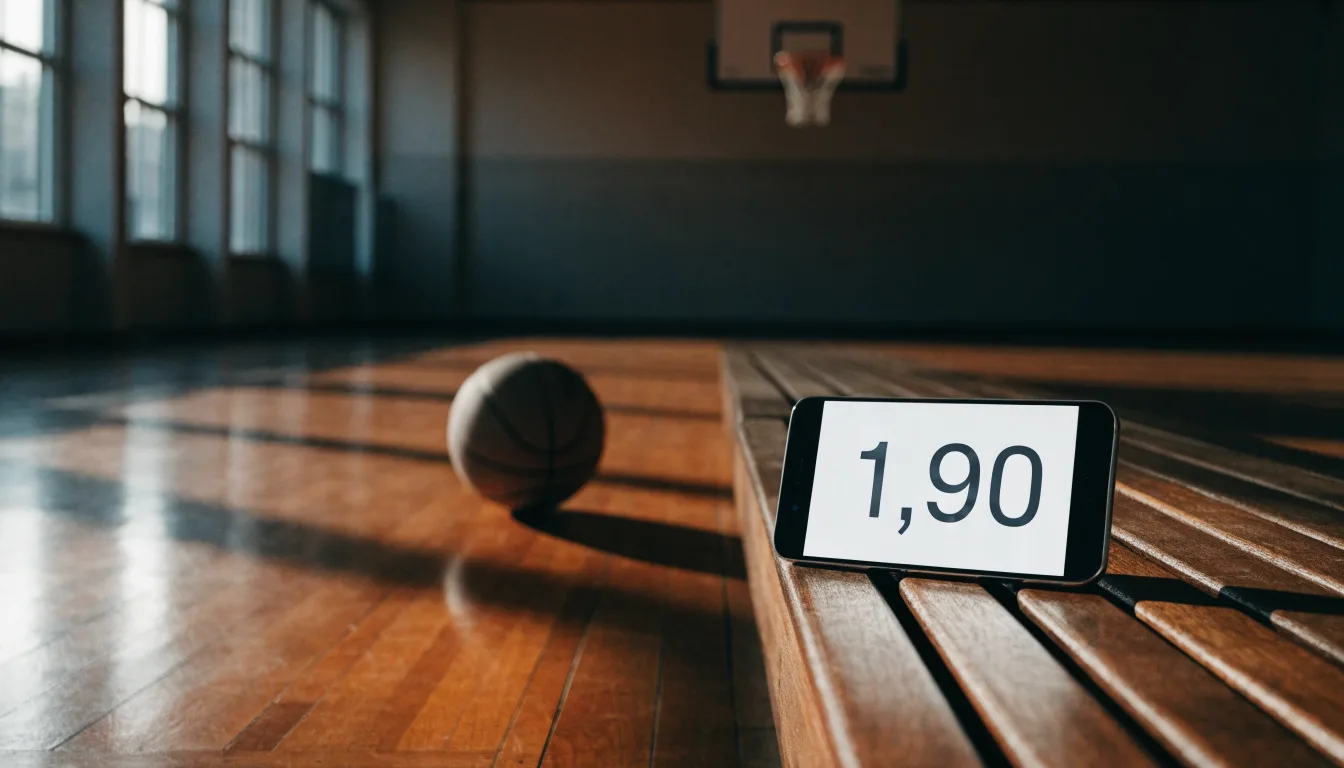 Ein Basketballkorb in einer leeren Halle, der Ball liegt unter dem Brett auf dem Parkett.