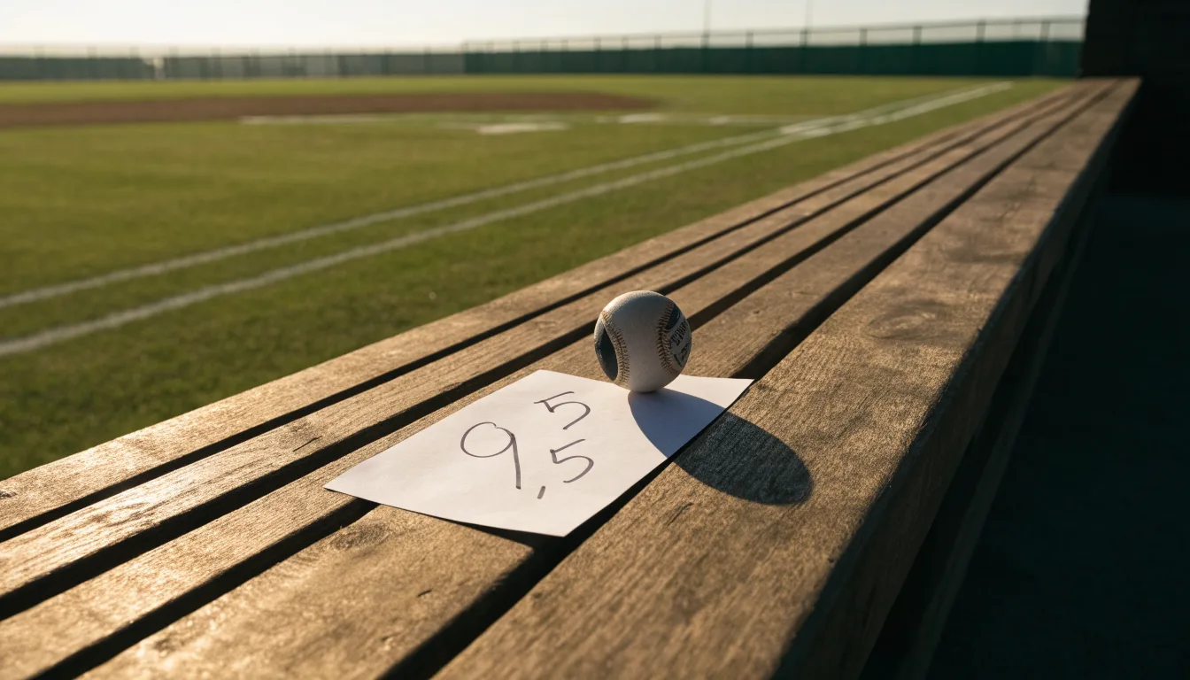 Ein Baseballfeld mit leerem Infield im Morgenlicht, die Linien frisch gezogen, keine Spieler im Bild.