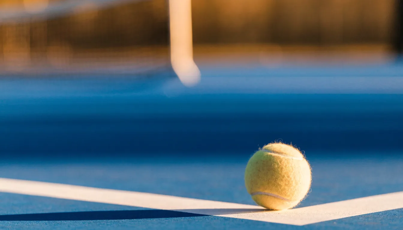Ein Tennisball liegt in Nahaufnahme auf einer Grundlinie, dahinter verschwimmt ein leerer Platz in warmem Licht.