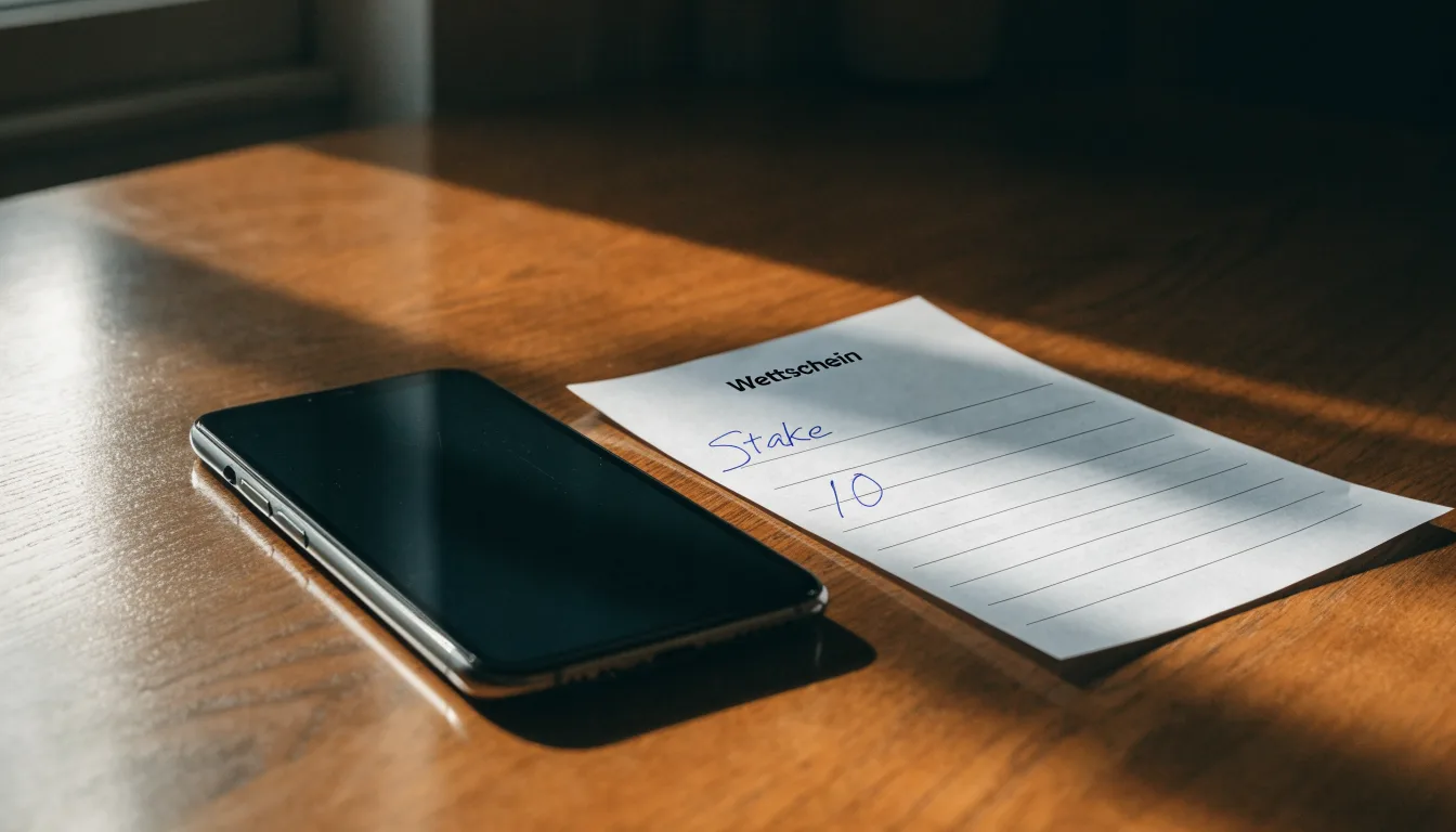 Ein Smartphone mit dunklem Display liegt neben einem leeren Papier-Wettschein auf einem Tisch, Licht fällt von der Seite.