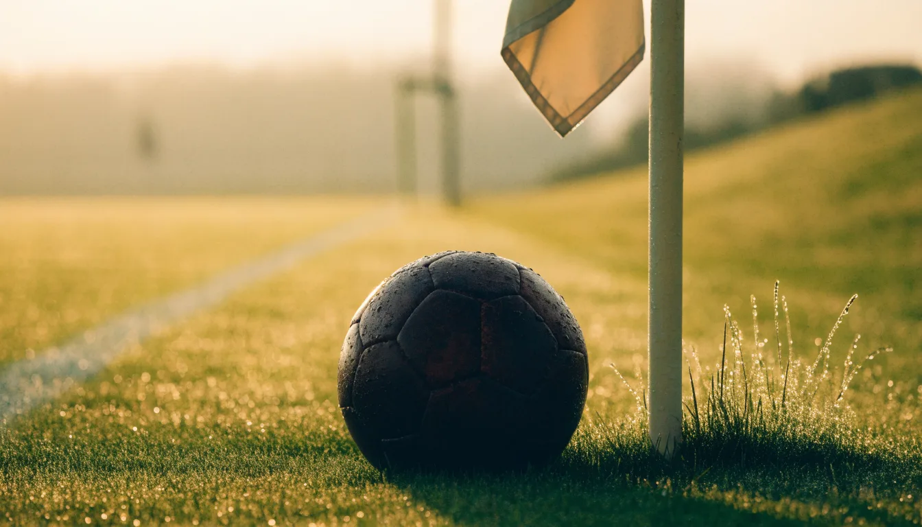 Ein Fußball liegt auf Rasen neben einer Eckfahne ohne Aufdruck auf einem leeren Platz im Morgenlicht.