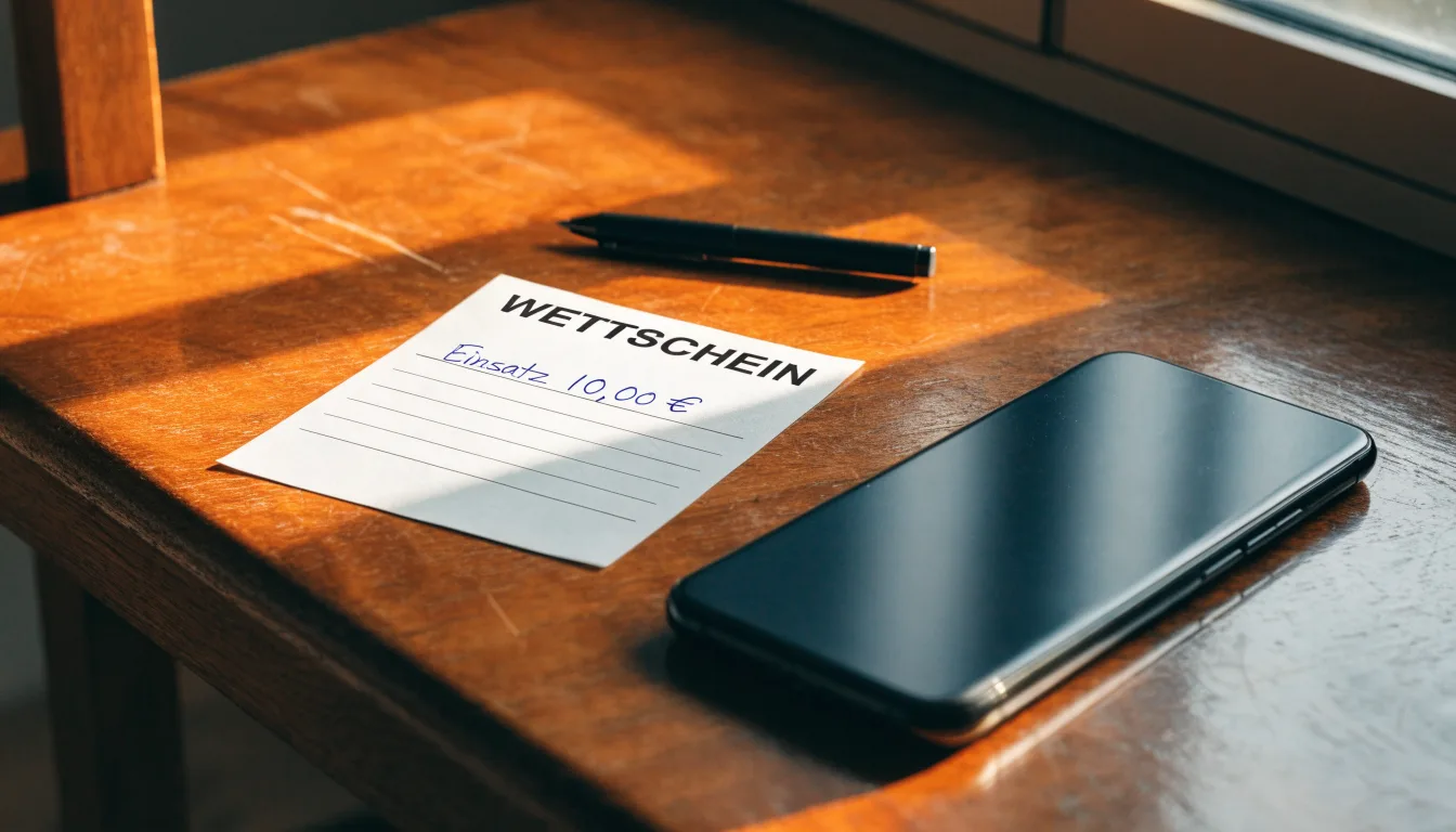 Ein Smartphone liegt mit dunklem Display neben einem leeren Papier-Wettschein und einem Stift auf einem Holztisch.