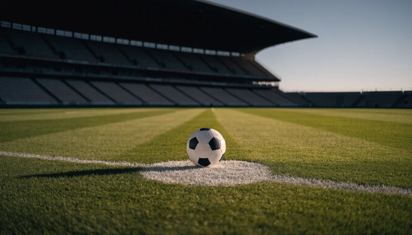 Ein Fußball liegt auf dem Anstoßpunkt eines Rasenplatzes, dahinter eine leere Tribüne im Abendlicht.