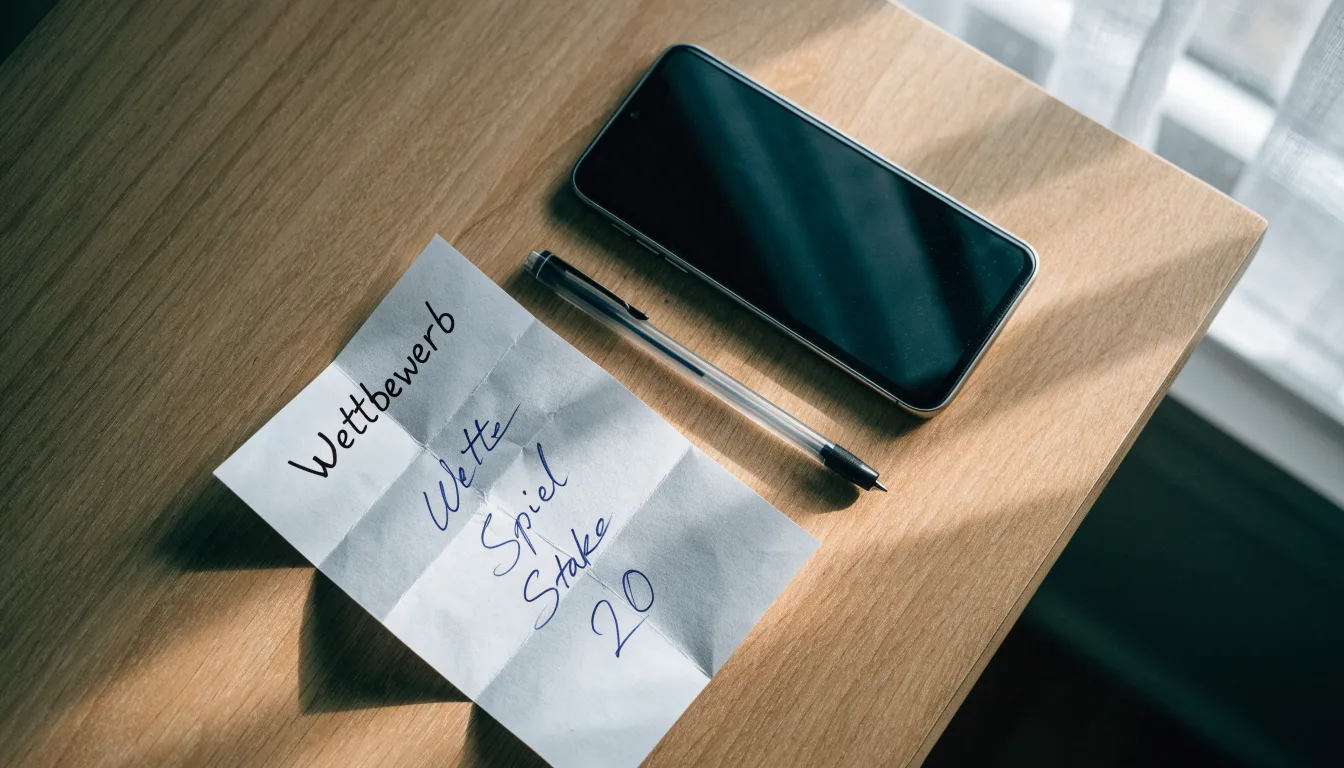 Ein leerer Papier-Wettschein und ein Kugelschreiber liegen neben einem Smartphone mit dunklem Display auf einem Schreibtisch am Fenster.