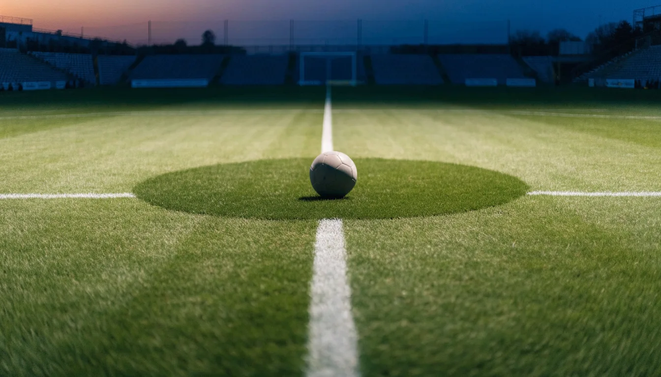 Ein Fußball liegt auf dem Anstoßpunkt eines Rasenplatzes, dahinter eine leere Tribüne im Abendlicht.
