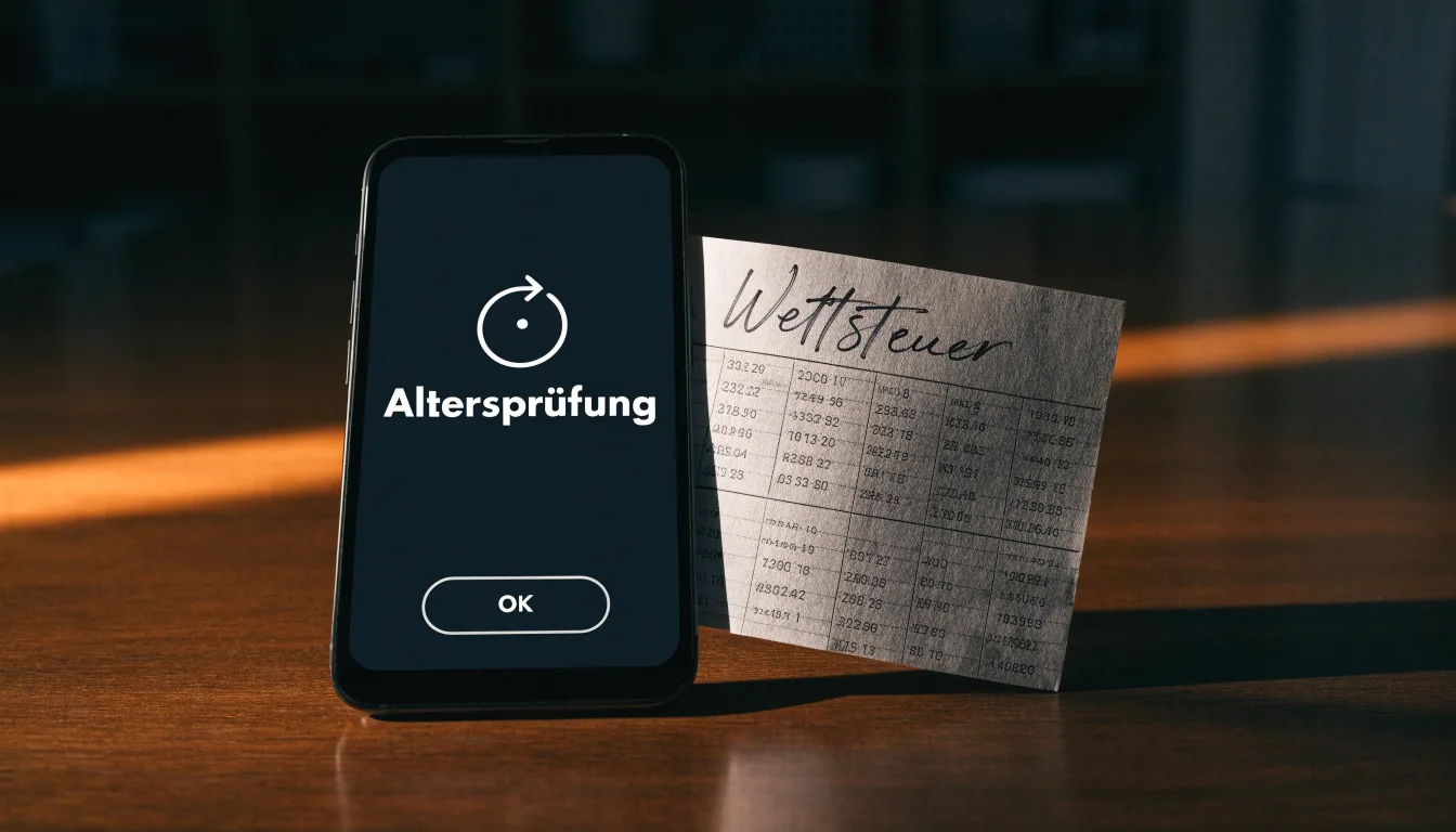 Ein Smartphone mit dunklem Display liegt neben einem leeren Papier-Wettschein auf einem Holztisch, Licht fällt von der Seite.