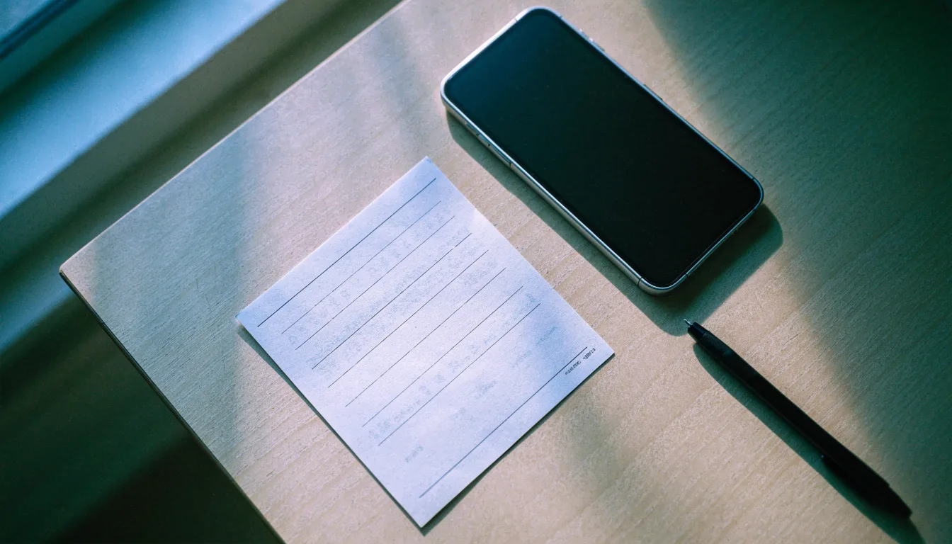 Ein leerer Papier-Wettschein und ein Kugelschreiber liegen neben einem Smartphone mit dunklem Display auf einem Schreibtisch am Fenster.