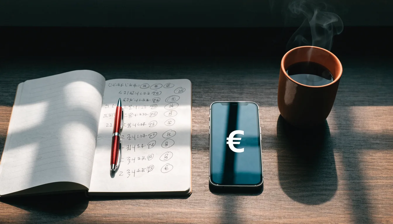 Ein Notizbuch mit handschriftlichen Notizen und ein Taschenrechner stehen auf einem Schreibtisch, daneben eine Tasse.