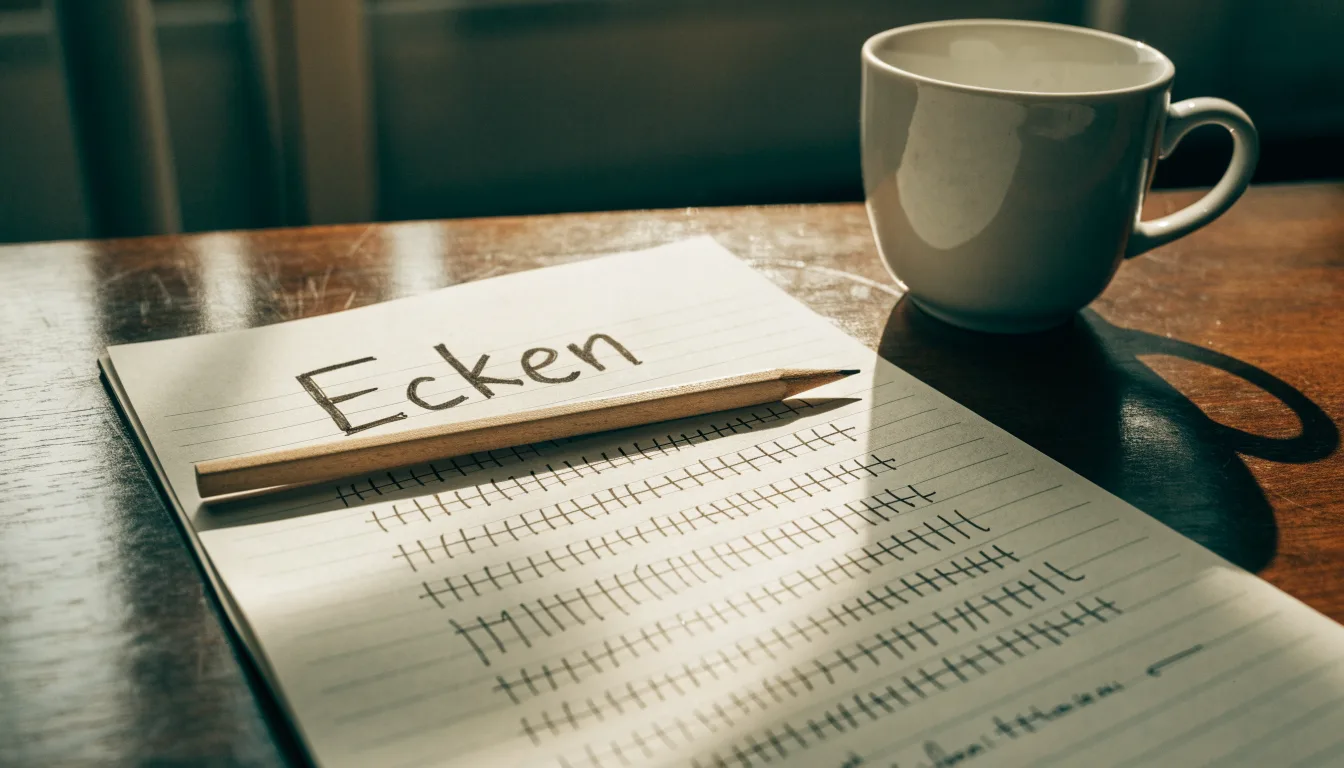 Ein Notizbuch mit handgeschriebenen Strichlisten liegt neben einem Bleistift und einer Kaffeetasse auf einem Holztisch.