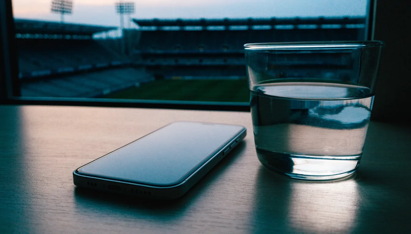 Ein Smartphone mit dunklem Display liegt auf einem Schreibtisch neben einem Glas Wasser, im Fenster dahinter ein Stadion im Dämmerlicht.