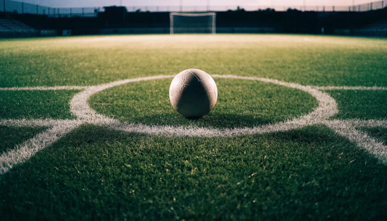 Ein Fußball liegt auf dem Mittelkreis eines leeren Rasenplatzes unter Flutlicht am frühen Abend, die Tribünen sind nur schemenhaft zu erkennen.