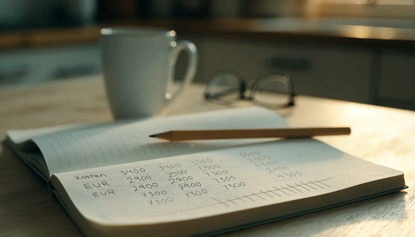Ein Notizbuch mit handschriftlichen Zahlenreihen und ein Bleistift liegen auf einem Küchentisch neben einer Tasse.