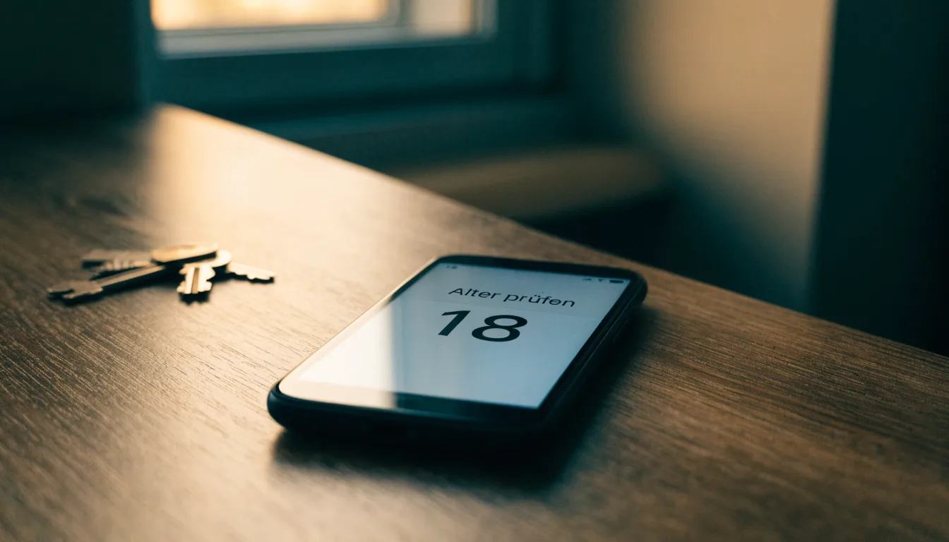 Ein Smartphone mit dunklem Display liegt auf einem Holztisch, daneben ein Schlüsselbund, im Hintergrund ein Fenster mit Abendlicht.