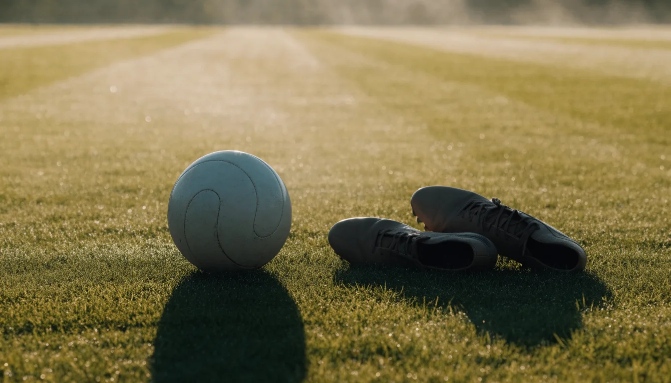 Ein Fußball auf frisch gemähtem Rasen im Morgenlicht, daneben ein Paar Fußballschuhe ohne erkennbare Marke.