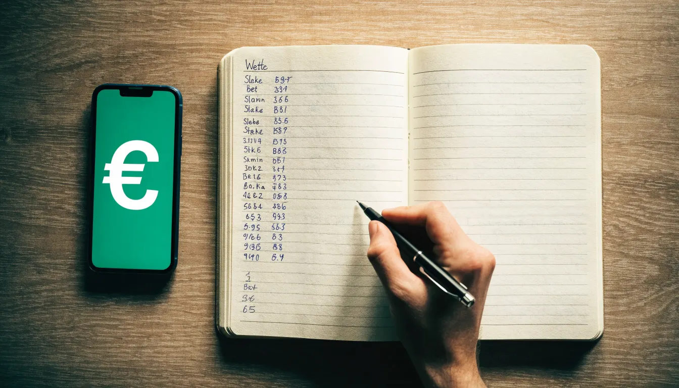 Ein Notizbuch mit handgeschriebenen Zahlen und ein Kugelschreiber liegen auf einem Tisch, daneben ein Smartphone mit schwarzem Bildschirm.