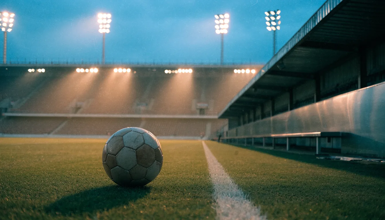 Ein Fußball liegt am Spielfeldrand neben einer leeren Ersatzbank, das Flutlicht über dem Platz leuchtet in der Dämmerung.