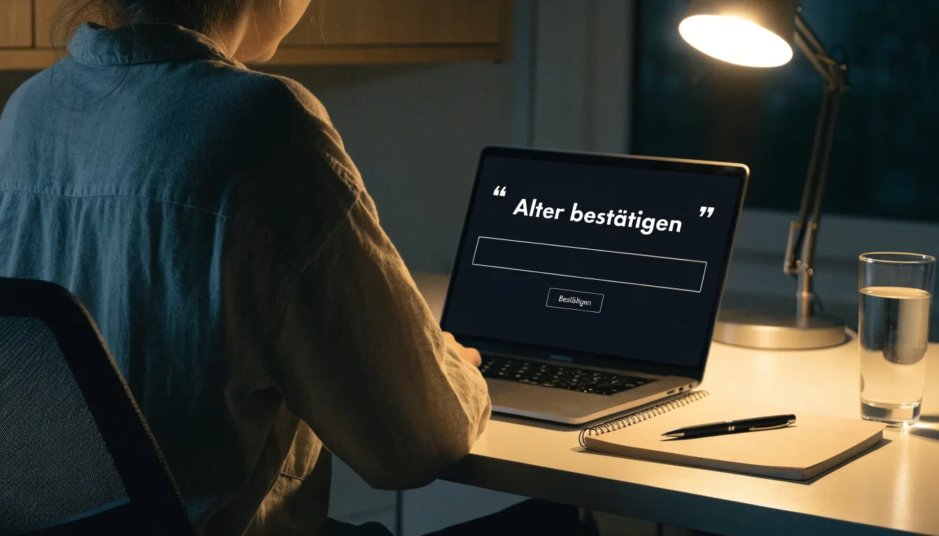 Ein Laptop mit dunklem Bildschirm steht aufgeklappt auf einem Schreibtisch, daneben ein Notizbuch und ein Glas Wasser.