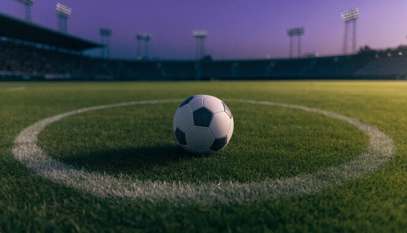 Ein Fußball liegt auf dem Anstoßpunkt eines Rasenplatzes in der Abenddämmerung, Flutlichtmasten stehen unscharf im Hintergrund.
