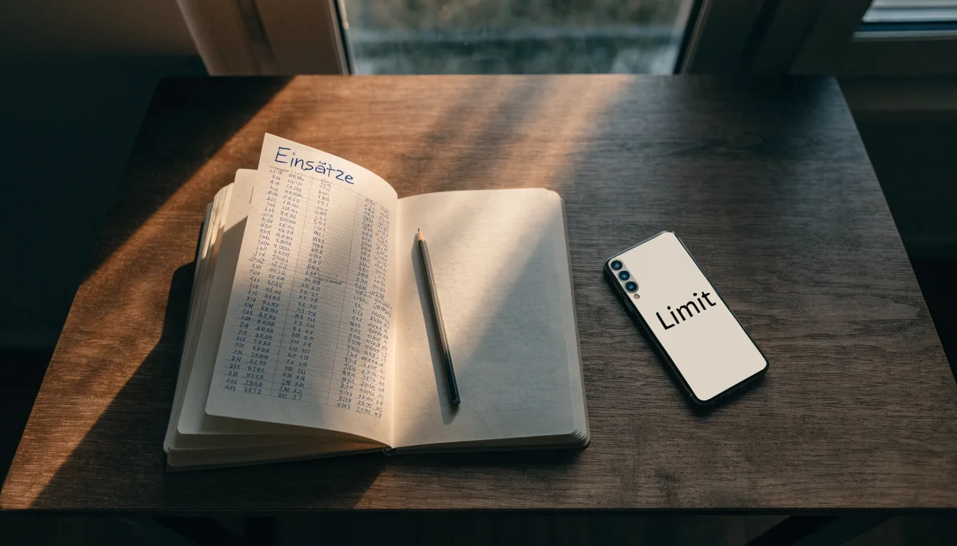 Ein Notizbuch mit handschriftlichen Zahlen liegt neben einem Smartphone mit dunklem Display auf einem Tisch, im Fenster Dämmerlicht.