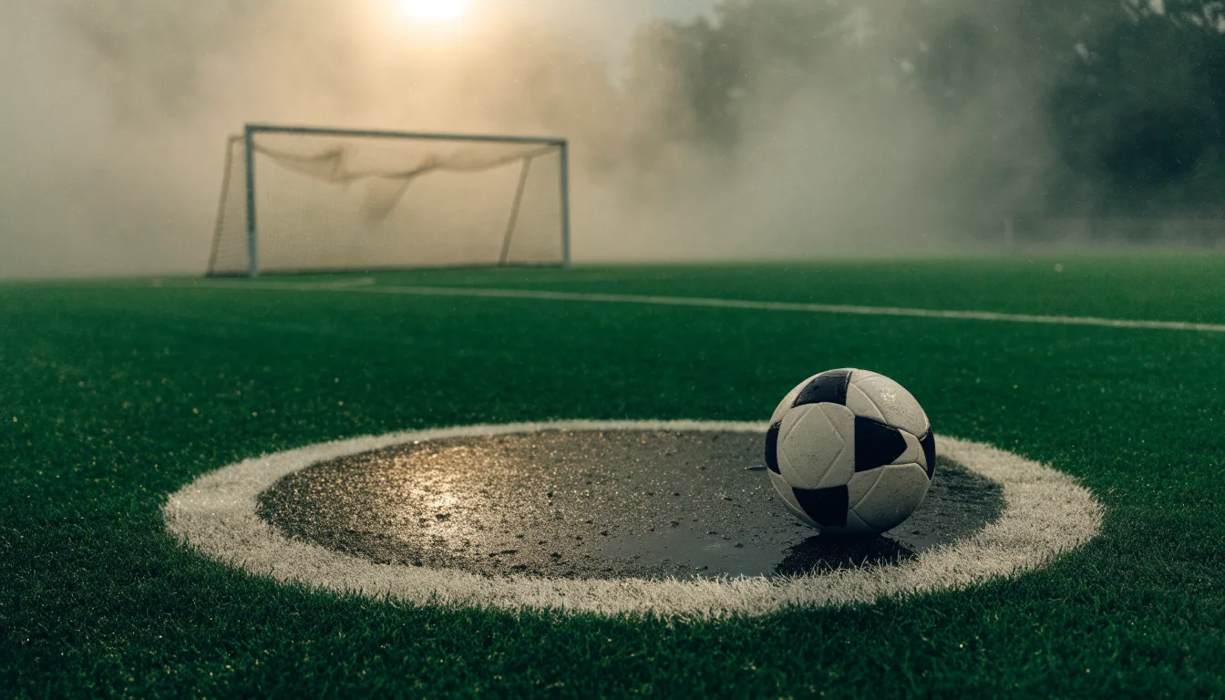 Ein Fußball liegt auf dem Elfmeterpunkt eines nassen Rasenplatzes, im Hintergrund ein leeres Tor im Nebel.