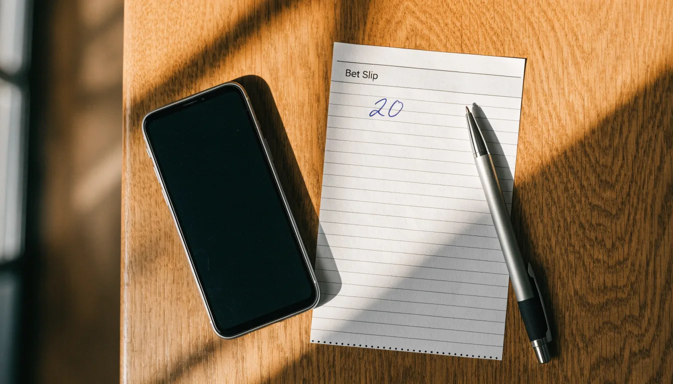 Ein leerer Papier-Wettschein und ein Kugelschreiber liegen auf einem Holztisch neben einem schwarzen Smartphone.