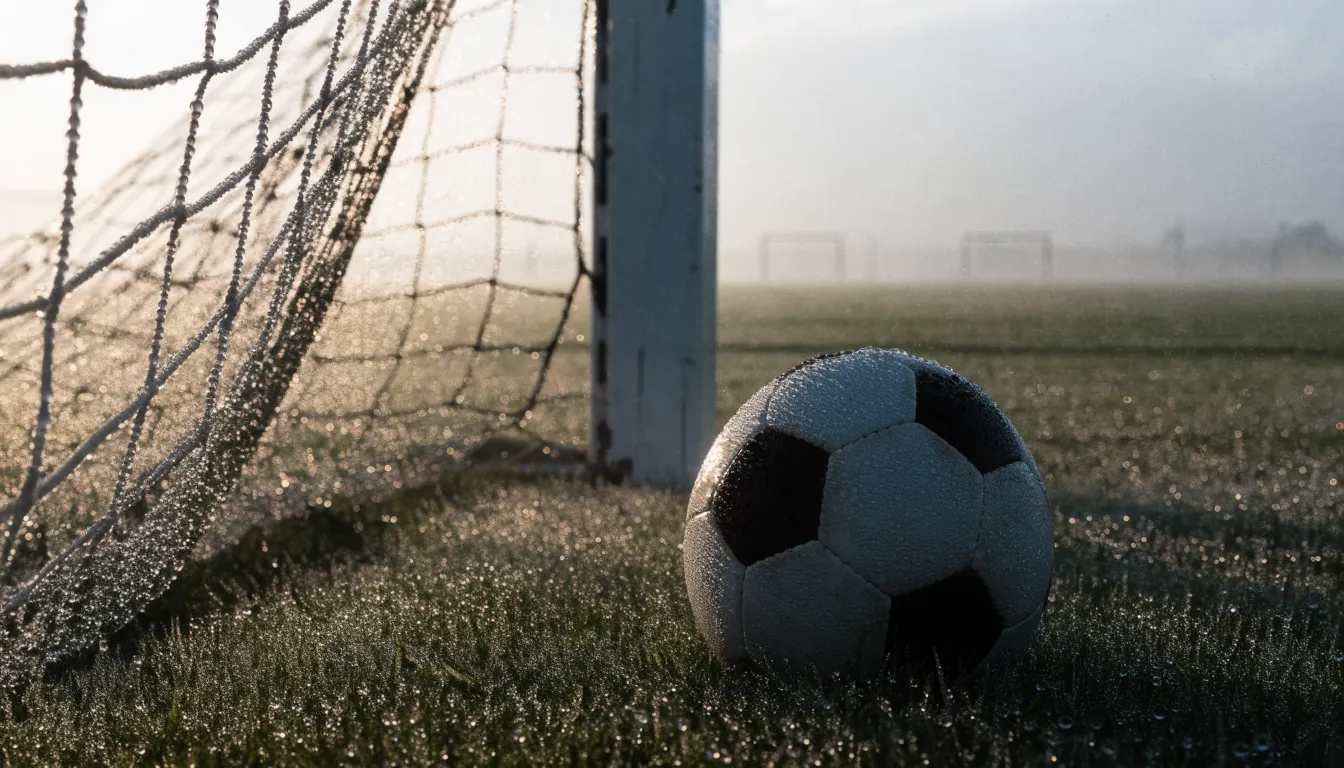 Ein Fußball liegt auf dem Rasen vor einem Tor im Morgennebel, die Netzmaschen sind taufeucht.